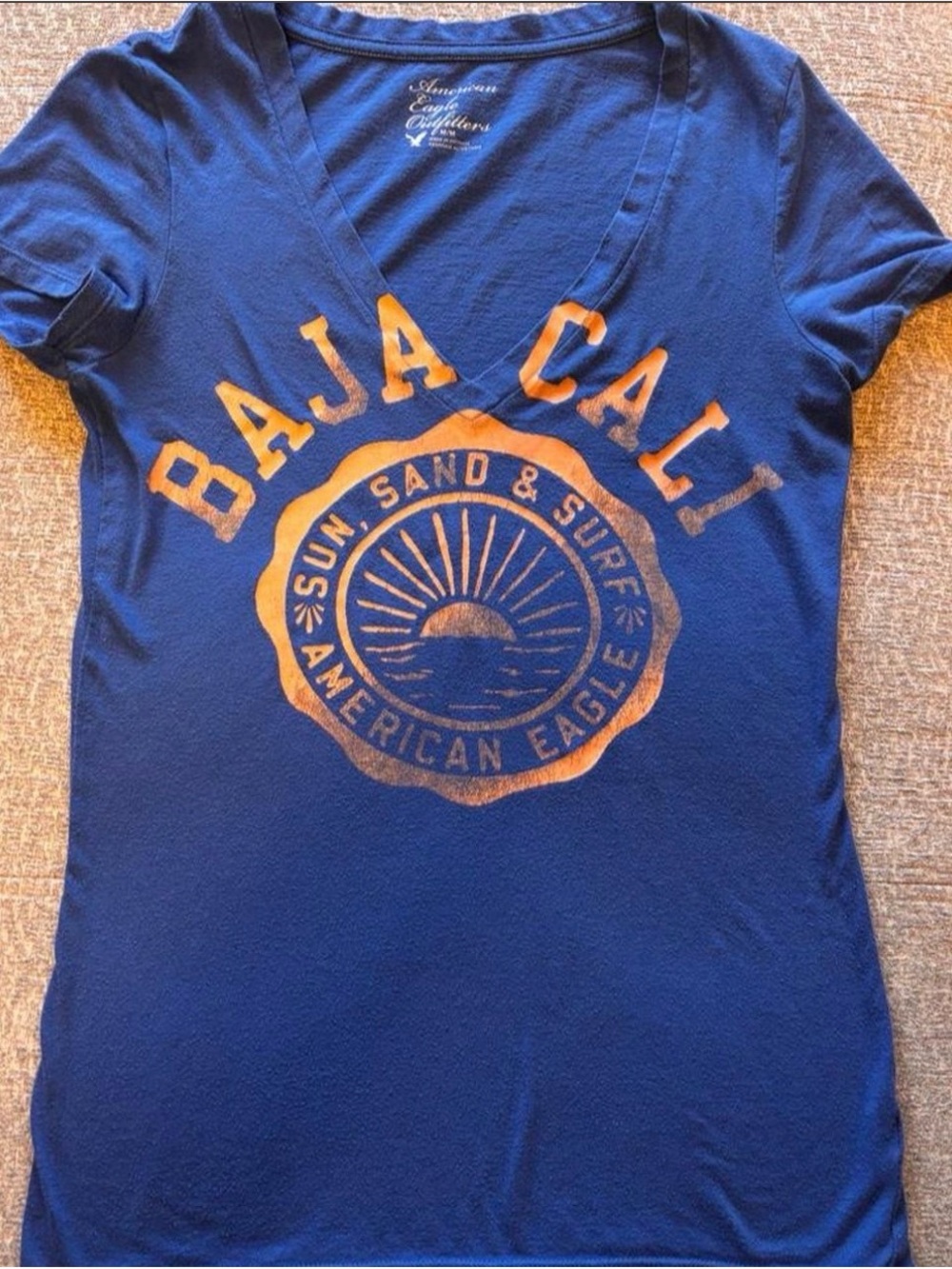 American Eagle Outfitters Navy Tee with Orange Baja Cali Graphic